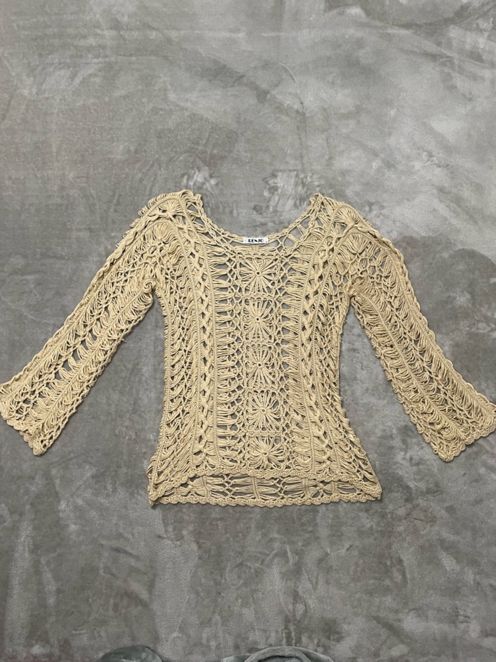 Renjo Crochet Knit Long Sleeve Top in Beige- Boho Open Stitch Pullover Size Sm